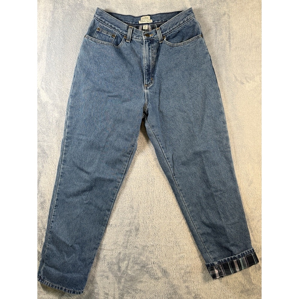 LL Bean Flannel Lined Jeans Womens 12R Plaid High Rise Straight Denim 30x30